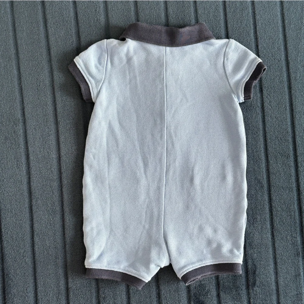 Janie and Jack Light Blue Polo romper with Dinosaur Embroidery 3 to 6 month